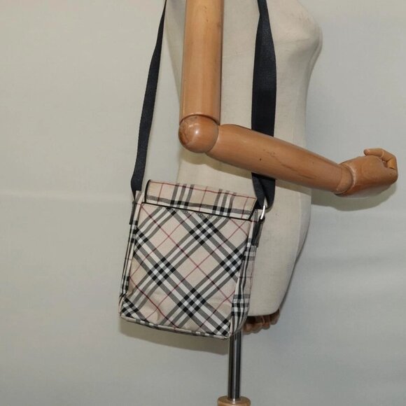 BURBERRY Nova Check Blue Label Shoulder Bag Nylon Beige Silver Auth - Picture 1 of 16